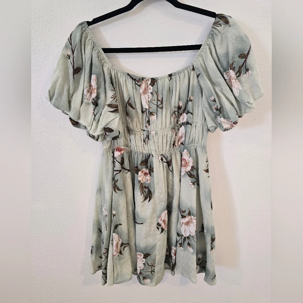HYFVE Sage Floral Magnolia Puff Sleeve Mini Dress Garden Party Sz Large - Picture 7 of 7